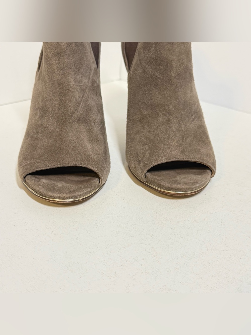 Coach Adrianna Taupe Suede Peep-Toe Stiletto Booties 9B - Picture 3 of 10